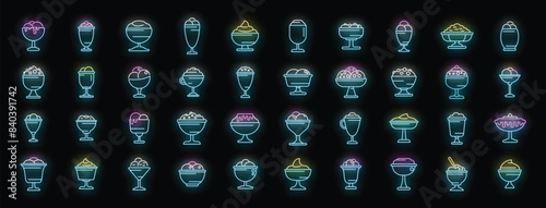 Gelato bowl icons set outline vector. Ice cream. Conce cup neon color on black