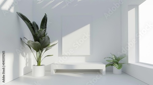 modern minimalist white interior with empty poster frame mockup bright and airy 3d rendering