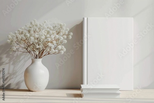White book mockup with gypsophila in a vase on a beige table. generative ai.