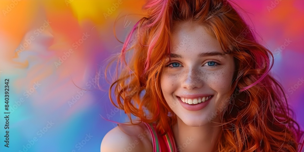 Young ginger model smiling while seated against pastel background. Concept Fashion Photography, Portraiture, Colorful Backdrops, Smiling Poses, Youthful Expression Young ginger model smiling while seated against pastel background. Concept Fashion Photography, Portraiture, Colorful Backdrops, Smiling Poses, Youthful Expression