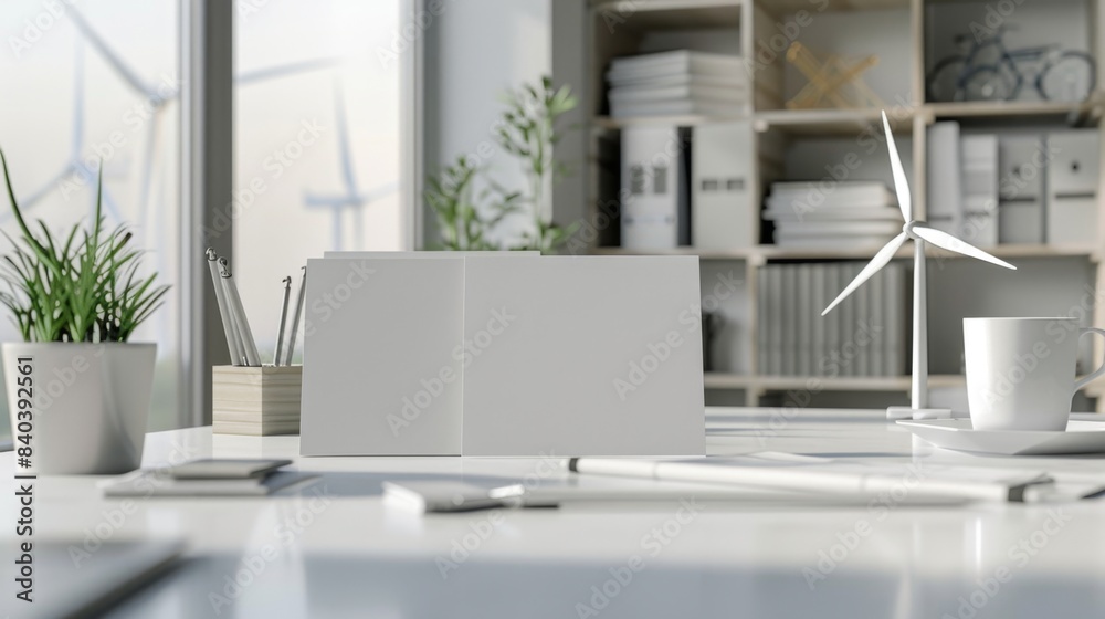 Renewable Energy Engineer's Desk Blank Business Cards Wind Turbine Models and Blueprints Clean Workspace for Sustainable Innovation and Design