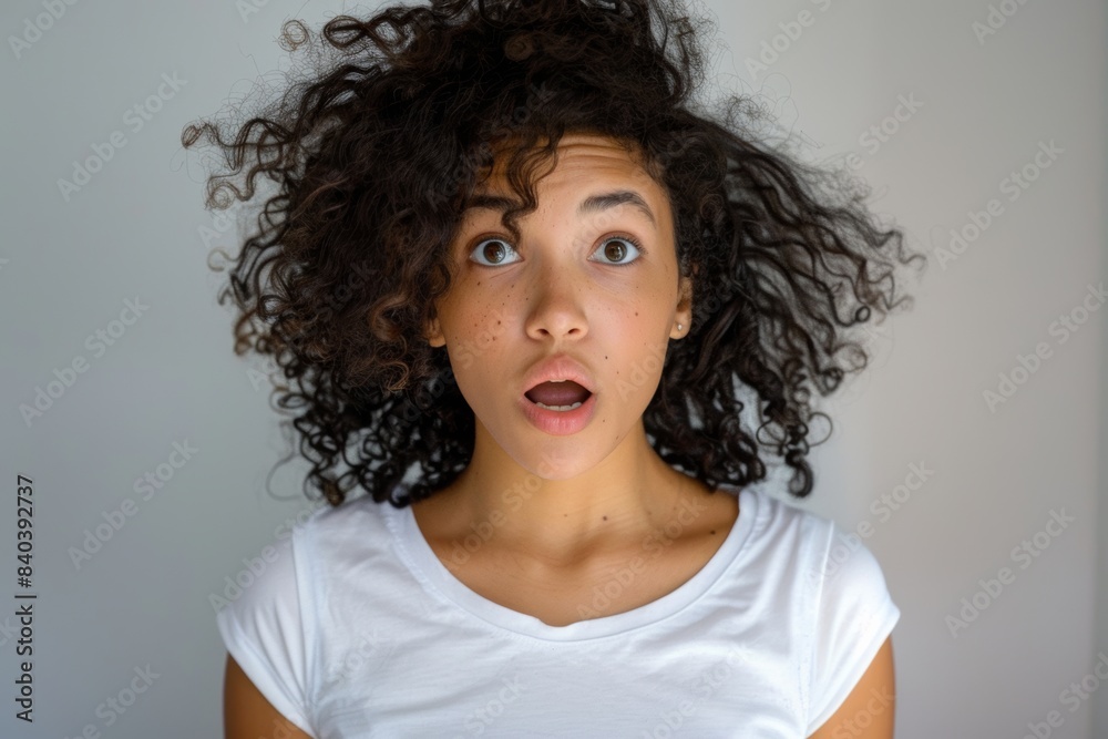 diverse woman with curly hear looking surprised and shocked standing with gray wall minimal background with copy space diverse woman with curly hear looking surprised and shocked standing with gray wall minimal background with copy space