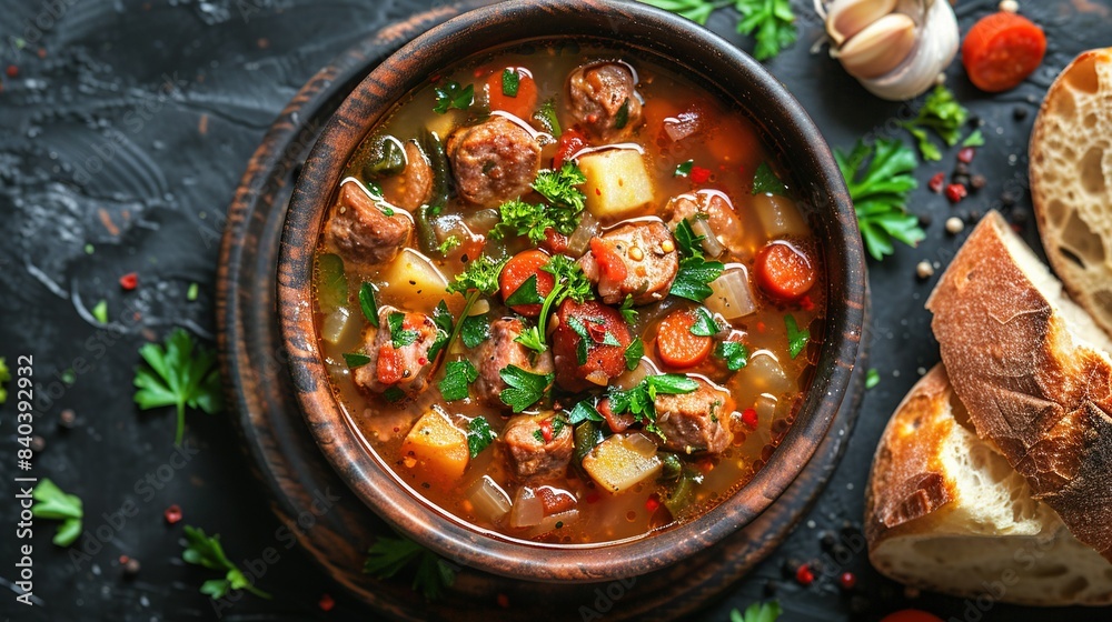 A table set with a bowl of soup containing meat and veggies, a loaf of bread, and a glass of wine A table set with a bowl of soup containing meat and veggies, a loaf of bread, and a glass of wine