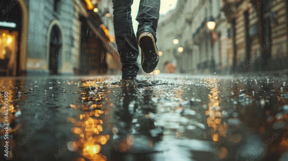 A person navigating through rainy weather with an umbrella, ideal for scenes where characters need to brave the elements A person navigating through rainy weather with an umbrella, ideal for scenes where characters need to brave the elements