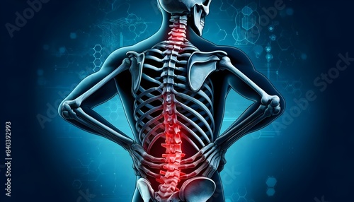 Human skeleton with highlighted spine and lower back pain. Digital medical illustration. Healthcare and medical research concept. Design for poster, banner, print. Back view.