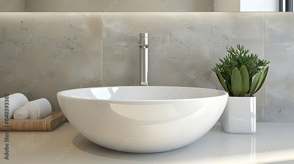 Stylish vessel sink on light countertop in modern bathroom Stylish vessel sink on light countertop in modern bathroom