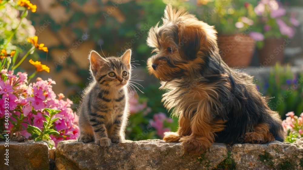 A curious kitten and a friendly dog sit on a stone wall in a garden, surrounded by colorful flowers. The sun shines on the scene, highlighting the soft fur of the animals. A curious kitten and a friendly dog sit on a stone wall in a garden, surrounded by colorful flowers. The sun shines on the scene, highlighting the soft fur of the animals.