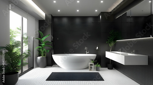 White and black bathroom with tub and shower