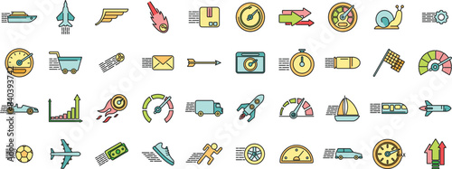 Velocity icons set outline vector. Efficient production. Plan work thin line color flat on white