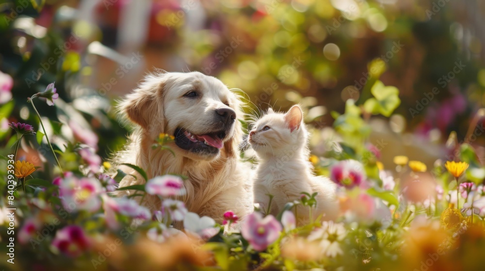 A golden retriever dog and a white kitten look at each other in a field of colorful flowers.