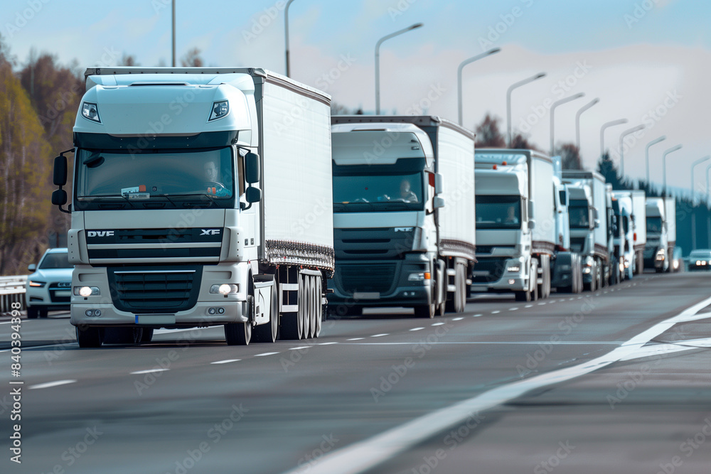 Convoy of big transportation trucks on highway. Business transportation and trucking industry Convoy of big transportation trucks on highway. Business transportation and trucking industry