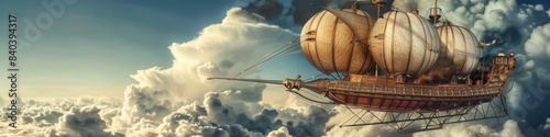 Steampunk airship soaring through the clouds on an adventures
