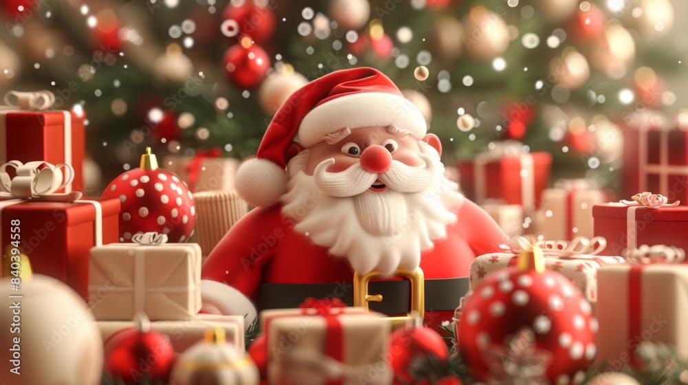 A santa claus is surrounded by presents and ornaments, AI