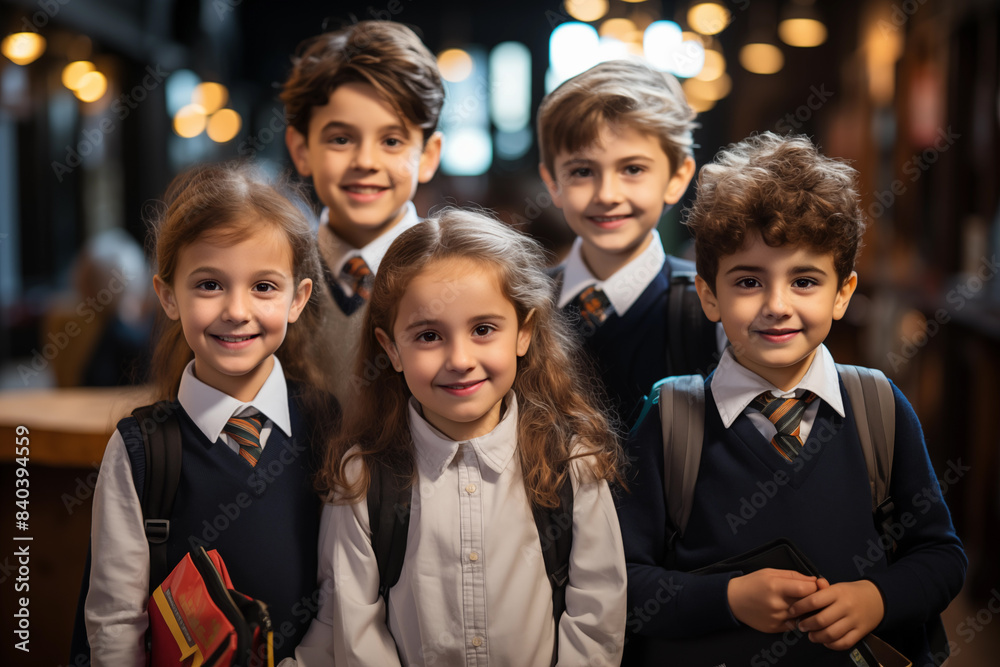 Portrait group of smiling adorable elementary school children boy and girl with backpack Portrait group of smiling adorable elementary school children boy and girl with backpack