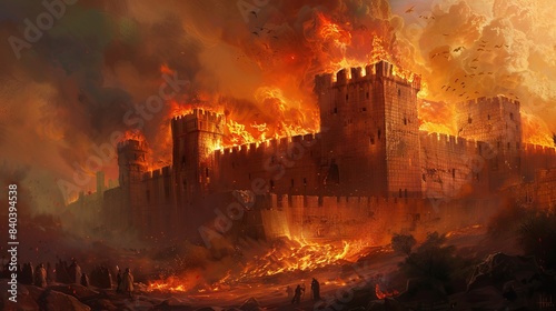 Tisha b'av painting jewish religious holiday burning ruined castle illustration