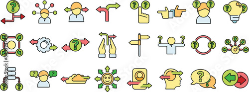 Ambiguity icons set outline vector. Data analysis. Arrow business thin line color flat on white