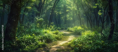 Tranquil Forest Path Leading Through Lush Greenery Ideal for Wellness and Mindfulness Content  Narrow Winding Trail Through Tall Trees with Soft Diffused Light Creating a Serene Peaceful Setting