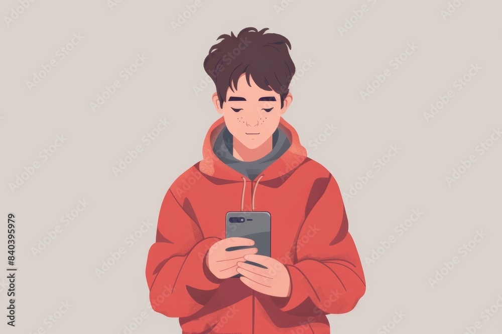Fototapeta premium teenage guy wearing red hoodie using a mobile phone, digital life, screen time concept, young people using social media on gray background flat 