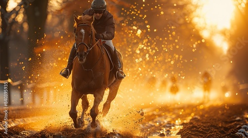 it depicts a man riding a horse during a fast paced horse racing event.stock illustration photo