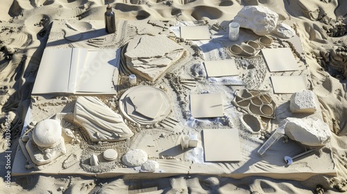 Artistic Beach Workspace Sand Sculpting Tools Business Cards and Intricate Sand Art Creation