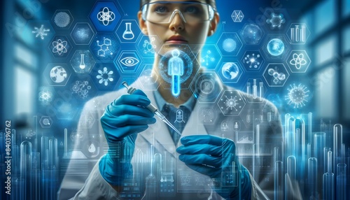 Scientist conducting research with futuristic holographic interface and test tubes. Biotechnology and laboratory science concept. Design for poster, banner, print.
