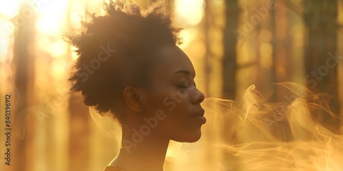 A Black woman inhales the fresh forest air. Concept Nature, Fresh Air, Forest, African American, Woman