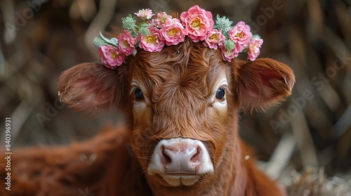 it s a brown highland cow with flowers on its head.stock image photo