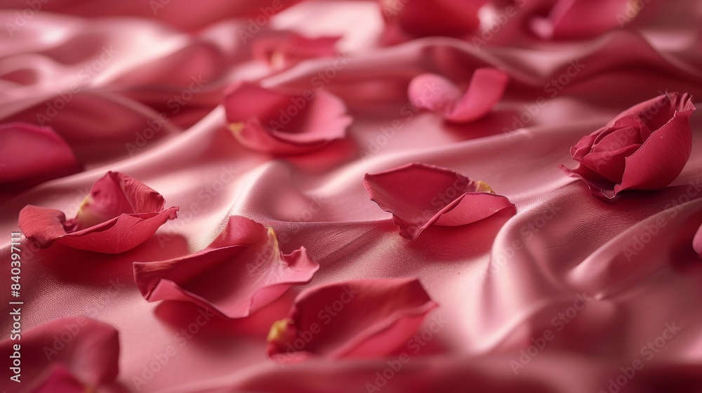 Soft pink fabric covered with rose petals scattered around.