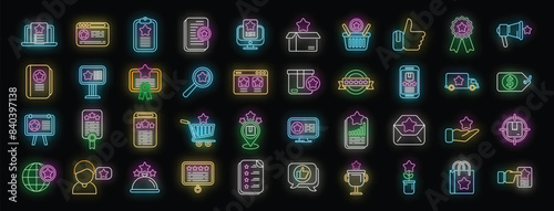 Featured product icons set outline vector. Data survey. Start product neon color on black