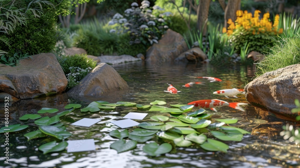 Fototapeta premium Tranquil Koi Pond Blank Business Cards Amidst Serene Water Plants and Graceful Koi Fish Portfolio Table Design for Pond Company