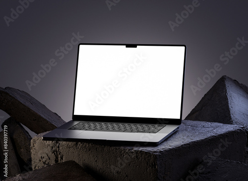 Modern laptop screen mockup on a dark scene in realistic 3D rendering. Notebook display template for UI UX, webs and branding design presentation