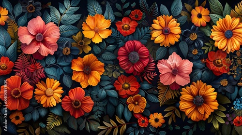 the background of this seamless pattern is black with different flowers and leaves.illustration © Wiseman