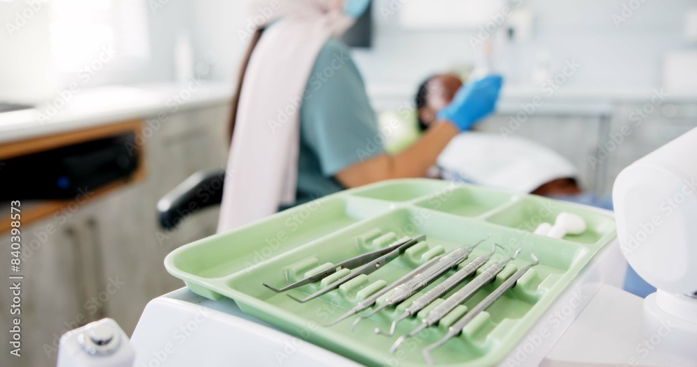 Dentist, hands and tools or mirror for medical, dental and cleaning service with oral healthcare of patient. People with orthodontist in gloves or ppe for teeth exam, helping and support in clinic