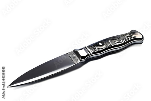A closeup of a knife with a decorative silver handle with carvings on a white background