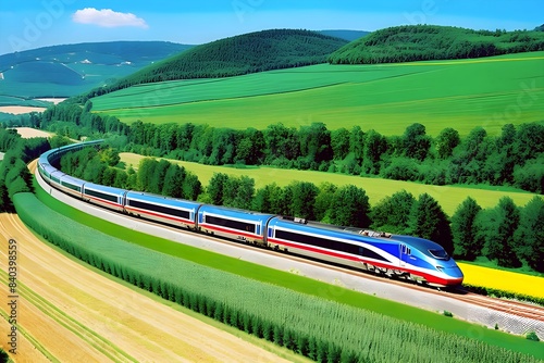 Aerial view of a modern high speed bullet train travels through a lush green countryside in sunny weather