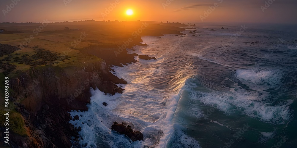 Fototapeta premium Ocean waves crashing against rocky cliffs at sunset from an aerial perspective. Concept Aerial Photography, Ocean Waves, Rocky Cliffs, Sunset, Nature Landscape