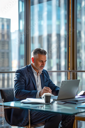 A man in a suit is sitting at a desk with a laptop and a cup of coffee © Erik González