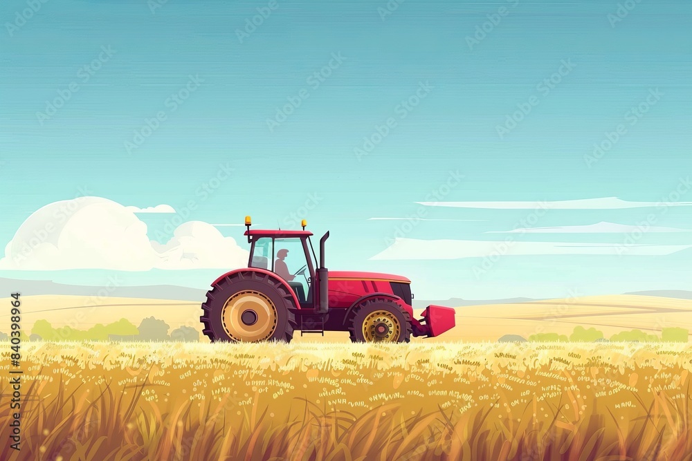 Obraz premium Illustration of a red tractor working in a field. Agricultural business development concept