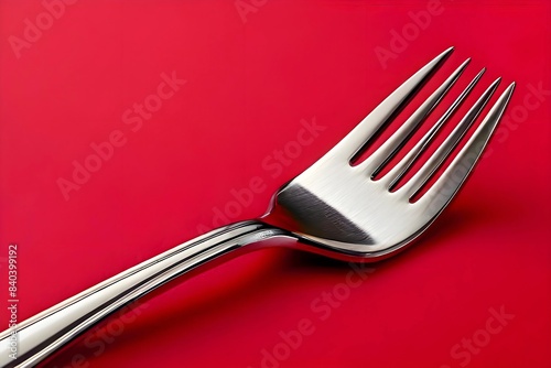 Closeup of a silver fork on a red background