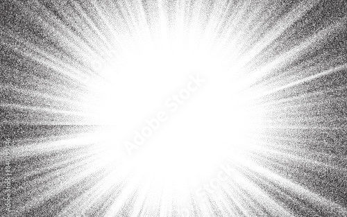 Starburst overlay with noise dots stipple halftone texture background, sunburst grainy pattern