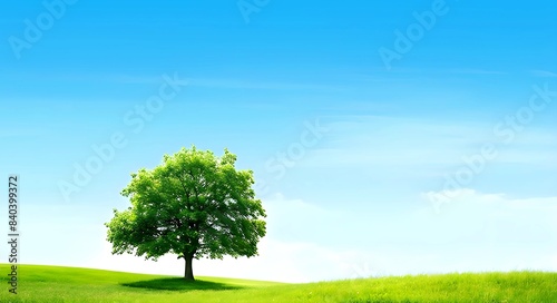 A single solitaire tree with vibrant green leaves on a verdant hill, under the clear blue sky with white clouds