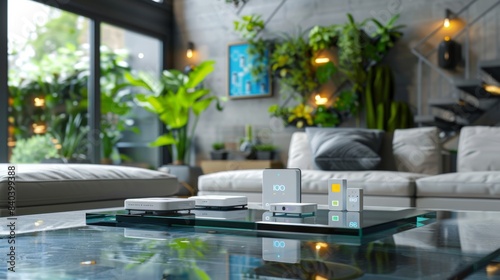 Smart Home Technology CuttingEdge Devices on Sleek Glass Table with Lush Plant Wall