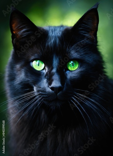 Portrait of a black cat with yellow eyes on a dark background. ai generative