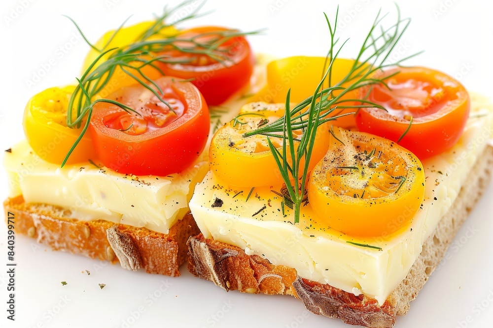 Tomato and cheese toast garnished with fresh dill, capturing a simple and flavorful snack, perfect for a quick and healthy meal Tomato and cheese toast garnished with fresh dill, capturing a simple and flavorful snack, perfect for a quick and healthy meal