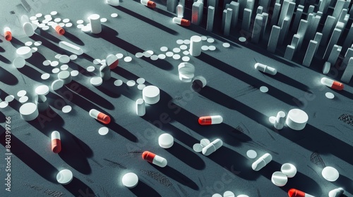 Urban Healthscape Pill Shadows Create Cityscape Illusion Symbolizing Urban Health Challenges