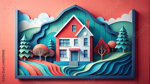 Vibrant paper art showcasing a house surrounded by nature  with bold colors and intricate details creating a whimsical scene.