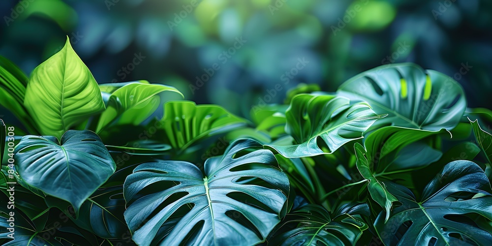 Green leaves monstera in dark tones, nature background, texture tropical leaf