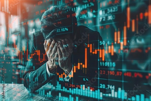Businessman stressed over stock market decline, hands covering face, multiple red and green stock charts in the background symbolizing losses. photo