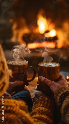 Two hot drinks to share next to a fireplace with a fire inside