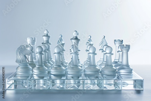Beautiful glass chess on a glass board on a gray background. The concept of developing critical and abstract thinking  concentration  creativity  problem solving  international world chess day celebra
